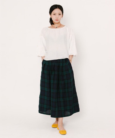 Mia Light Linen Long Skirt Blackwatch Tartan